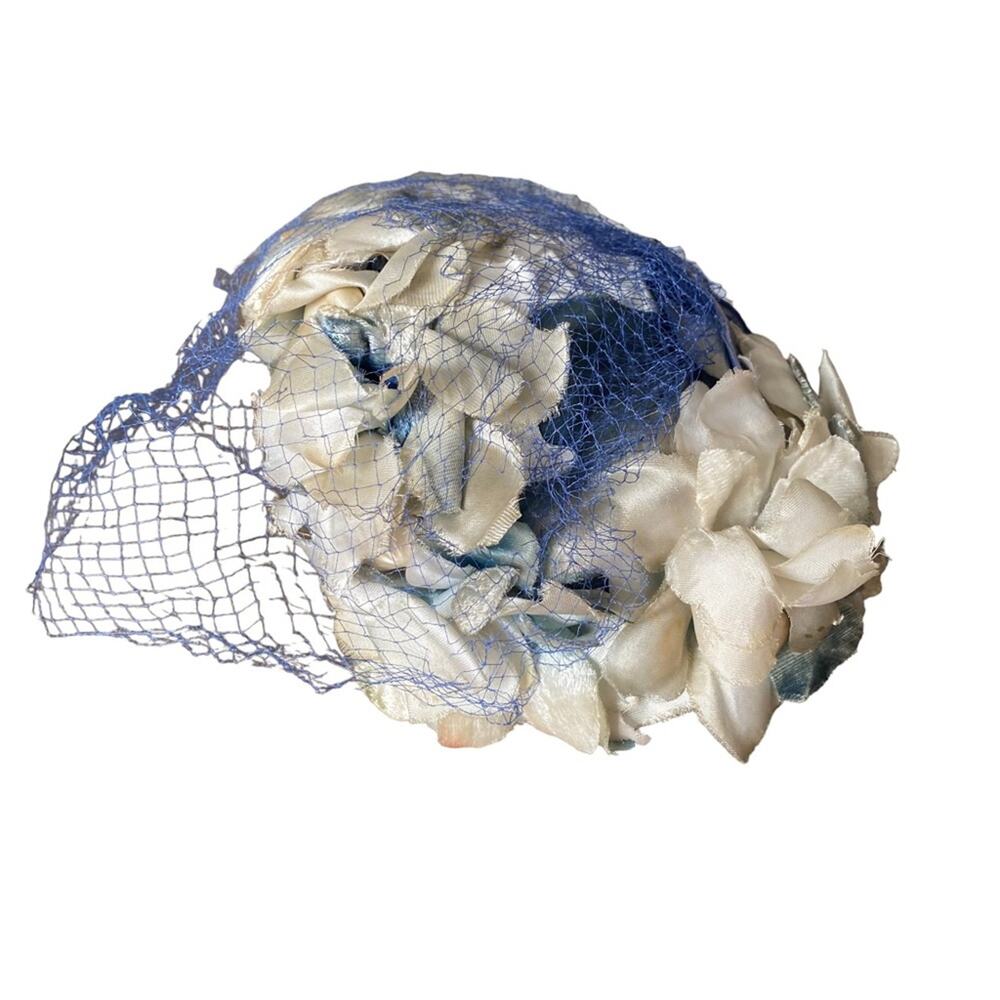Vintage Miss Kathy New York Silk Floral Velvet Bow Cloche Hat Gatsby Blue Cream